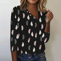 Ženski vrhovi ležerna ljetna i jesenska majica s printom na kopčanje s kratkim rukavima s prorezom na vratu, crni;