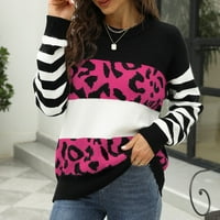 Ženski dugi rukav pulover za vrat okrugli vrat Dugi rukavi Pulover Pulover Fashion Leopard Print Patchwork Pleteni