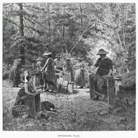 Uvijanje lana, 1883. Pročišćavanje lana za proizvodnju tekstilnih vlakana u ruralnoj Kanadi. Graviranje, 1883.