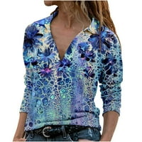 Ženski vrhovi i bluze modno dugi rukavi v vrat cvjetni print pulover košulja svijetloplava, xx-velika