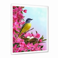 Dizajnirati 'mala žuta ptica u blizini gnijezda s tradicionalnim uokvirenim umjetničkim printom ružičastih cvjetova