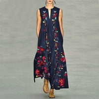 Ženstvena Vintage ležerna Maksi haljina bez rukava s cvjetnim printom i prevelikim izrezom u obliku slova u u