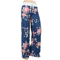 Široke hlače za žene za žene udobno casual pidžama cvjetni print salon za crtanje široke noge crne l