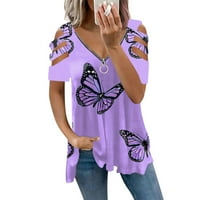 Modni Ženski labavi vrhovi kratkih rukava s printom leptira, ljetne majice s izrezom u obliku slova U i patentnim