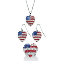 Dijamantni set nakita u obliku američke zastave u obliku srca, ogrlica od 3 komada, naušnice s kapljicama i podesivi