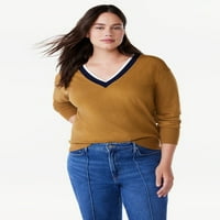 Ženski kontrastni džemper širokog kroja s izrezom u obliku inča i dugim rukavima srednje duljine, veličine u obliku