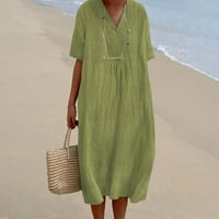 Ženske plus veličine ljetne pamučne platnene midi haljine labava vreća V vrata kratka rukava ležerna plaža boho