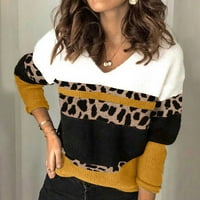Ženski pleteni džemperi s okruglim vratom u boji, pulover s printom Leparde, vrhovi džempera u smeđoj boji