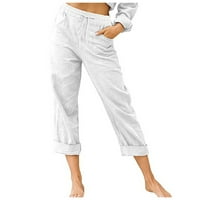 Protočne hlače za žene Čvrsta boja Pamuk visoki struk i posteljina ležerne duge hlače bijele l