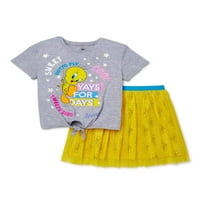 Tweety Bird Girls 4- krava prednji gornji dio i svjetlucava tiskana suknja Tutu, dvodijelni set odjeće