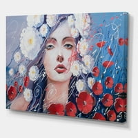 Portret mlade dame s crvenim i bijelim cvjetovima, slika na platnu, umjetnički tisak
