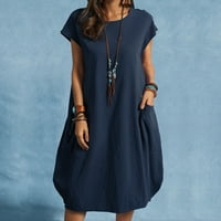 Ljetne haljine za žene dužine koljena kratki rukavi Bohemijski a-line čvrsta okrugli dekolte haljina plava xl