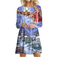 Ležerne haljine za žene, ženska modna haljina s printom božićnog drvca s dugim rukavima, nebesko plava, za žene