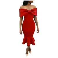 Ljetne haljine za žene srednje duljine s kratkim rukavima, moderna pripijena jednobojna haljina s ramena u crvenoj
