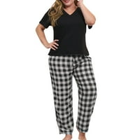 Ženska pidžama odijelo Plus Size, karirane hlače, majica s izrezom u obliku slova A i kratkim rukavima